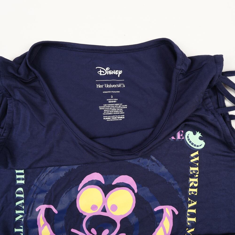 Disney Her Universe Cheshire Cat Womens 2 Shirt Top Cutout Shoulders Blue - Picture 3 of 7